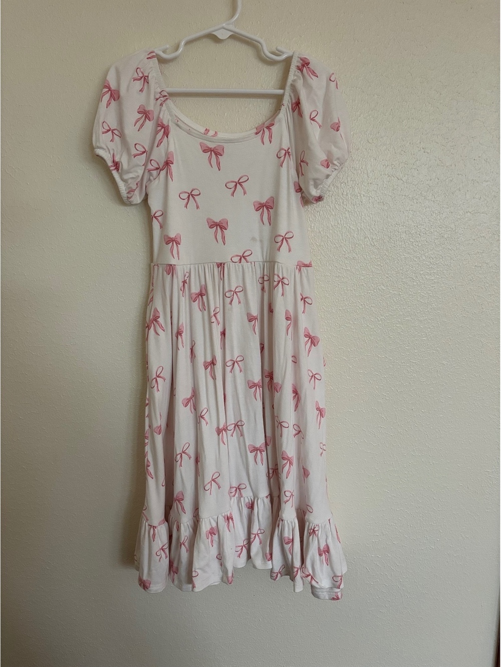 Kyte Baby Girls 5T White Dress with Pink Bow Print and Puff Sleeves